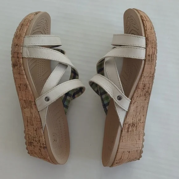Crocs Open Toe Cork Wedge Strappy Slide Sandal 8 Creamy Beige Tan - Picture 3 of 16